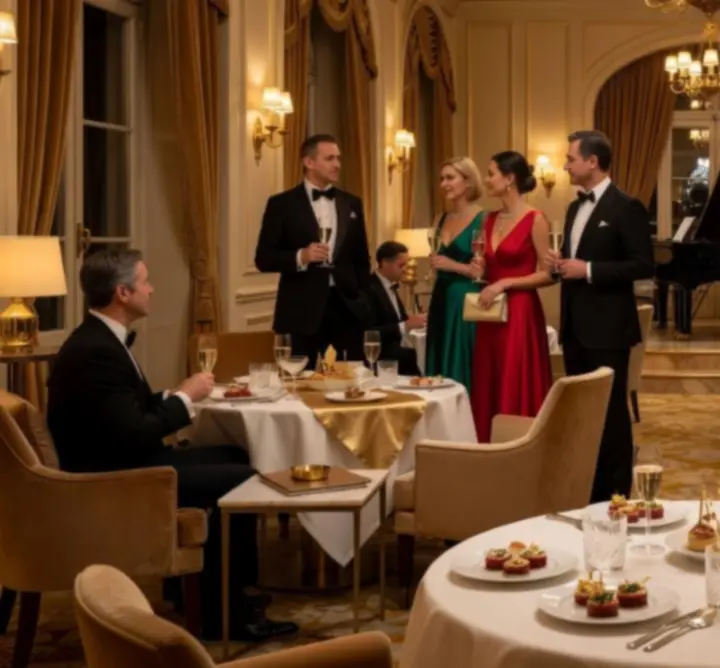 Exkluzív lounge gála esemény hangulata arany fényekkel
