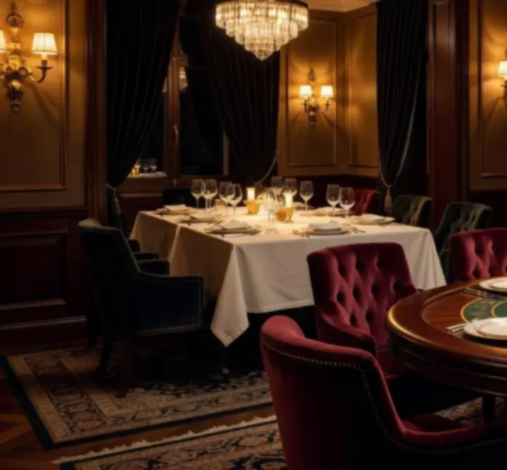 Luxus hangulatú, sötét tónusú lounge tér fine dining asztalokkal és pókerasztalokkal