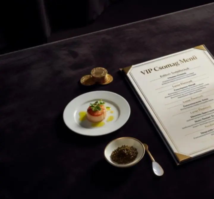 Elegáns, megterített VIP asztal fine dining fogásokkal és pókerkellékekkel